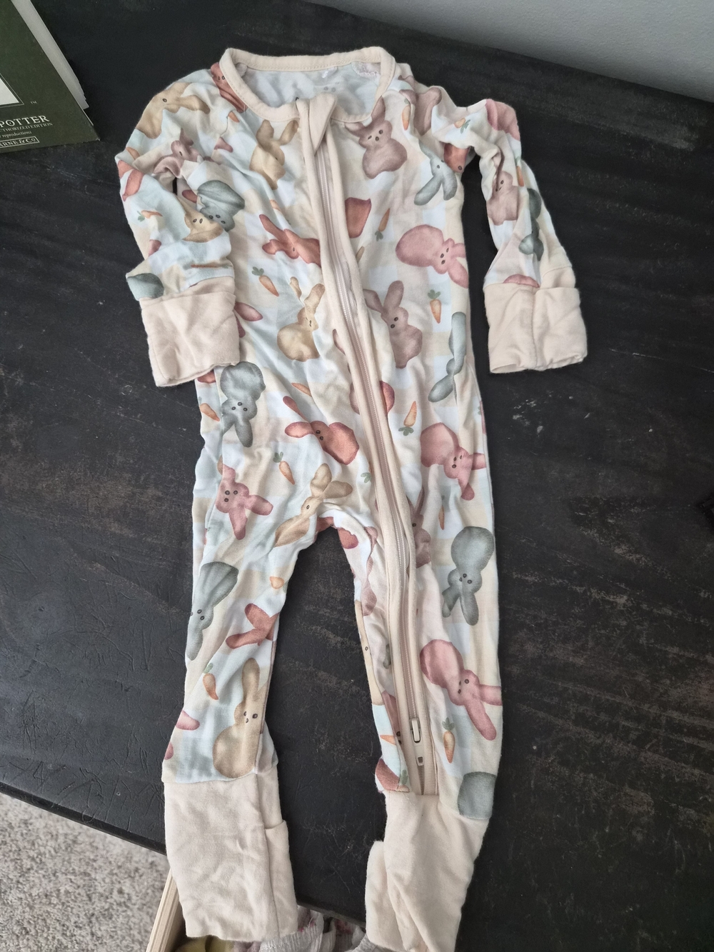 Cream One-Piece Footie with Pastel Bunny Print